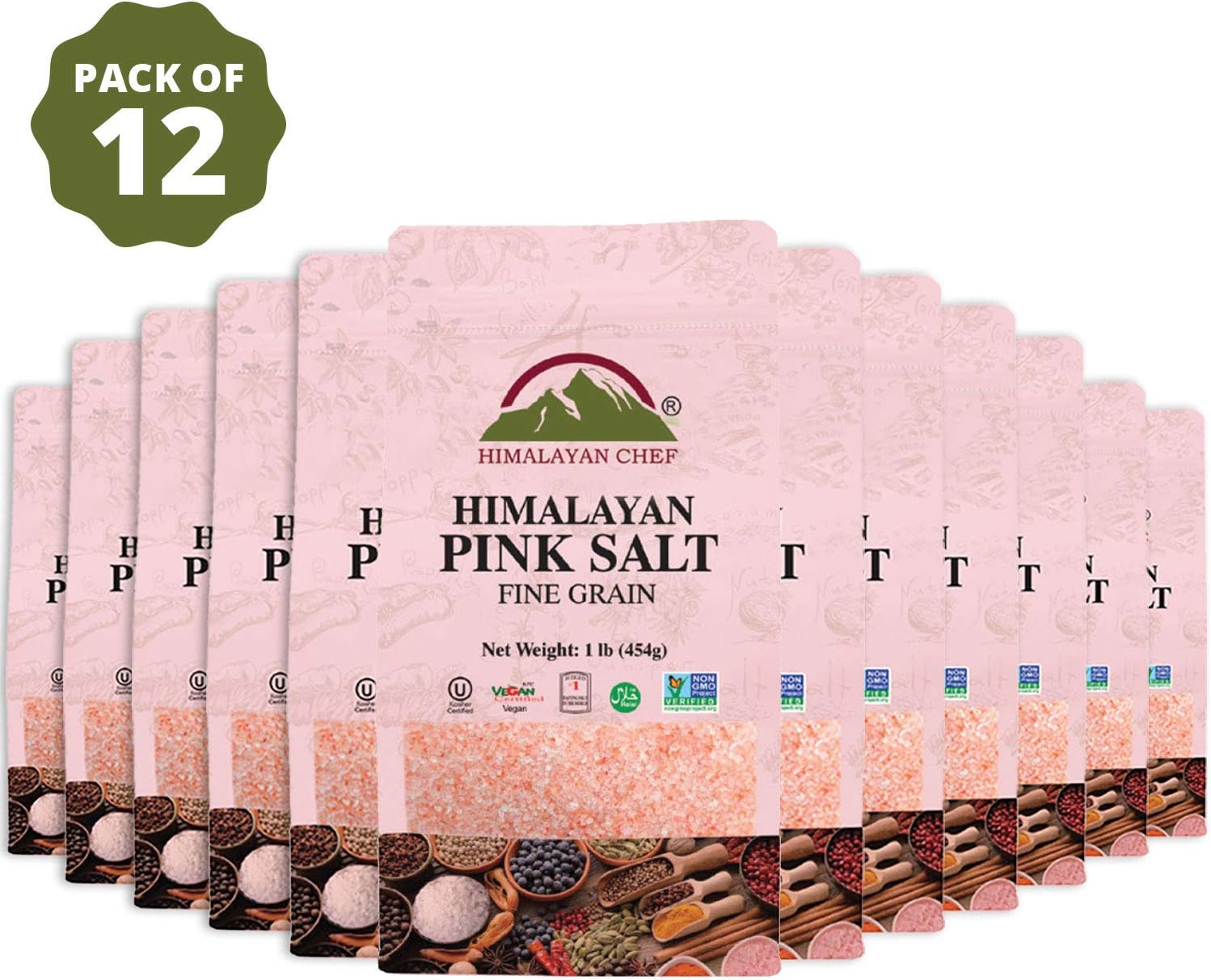 Himalayan ChefPink Salt -Fine Grains Bag-1 Lbs Each | 12 Count (Pack of 1)