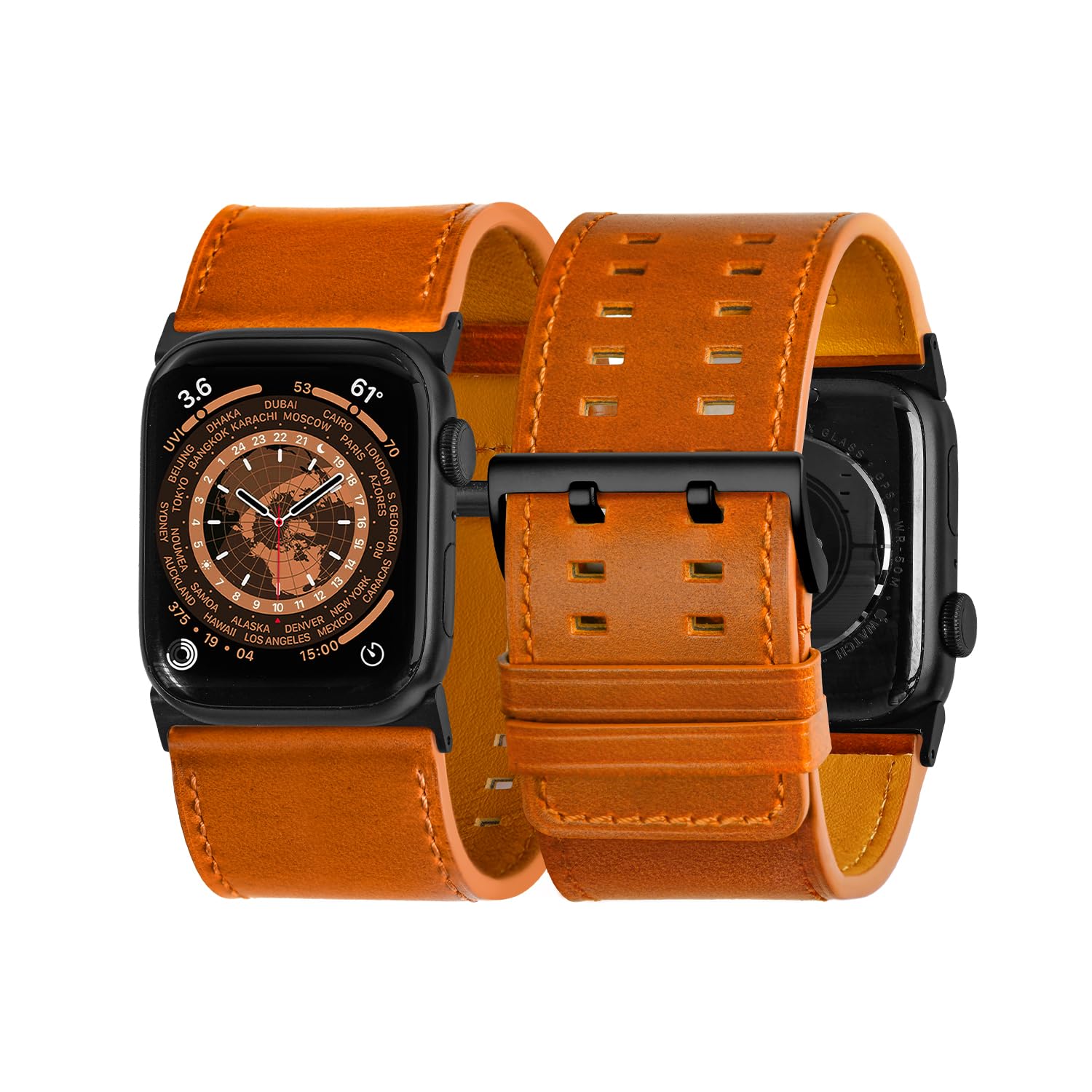 Tefeca Dual Series Replacement Watch straps Compatible with Apple Watch/Apple Watch Ultra(Caramel Leather with Black Adapters, 49/45/44/42mm)
