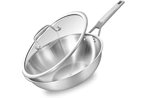 Inqibee 12-Inch Tri-ply Stainless Steel Wok Pan with Lid, Flat Bottom Stir-Fry Pan, Heavy Duty, Induction Compatible, Oven & 