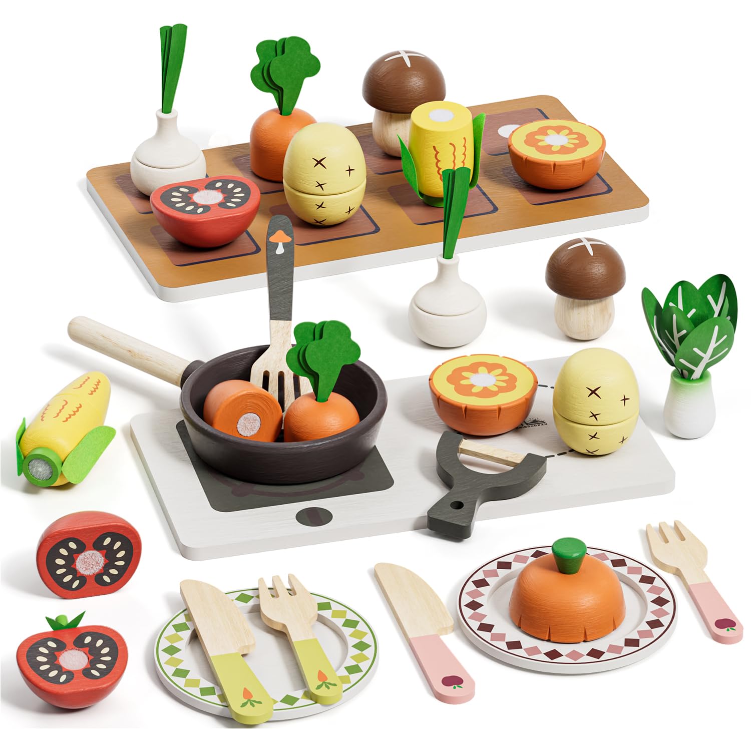 Timber Lulu Wooden Play Food Set - Toy Kitchen Accessories for Kids, Pretend Play Farm to Kitchen Cooking Games, Wooden Cutting Vegetable Kit, Role-Play Toy for Boys and Girls 2 3 4 5 Years Old