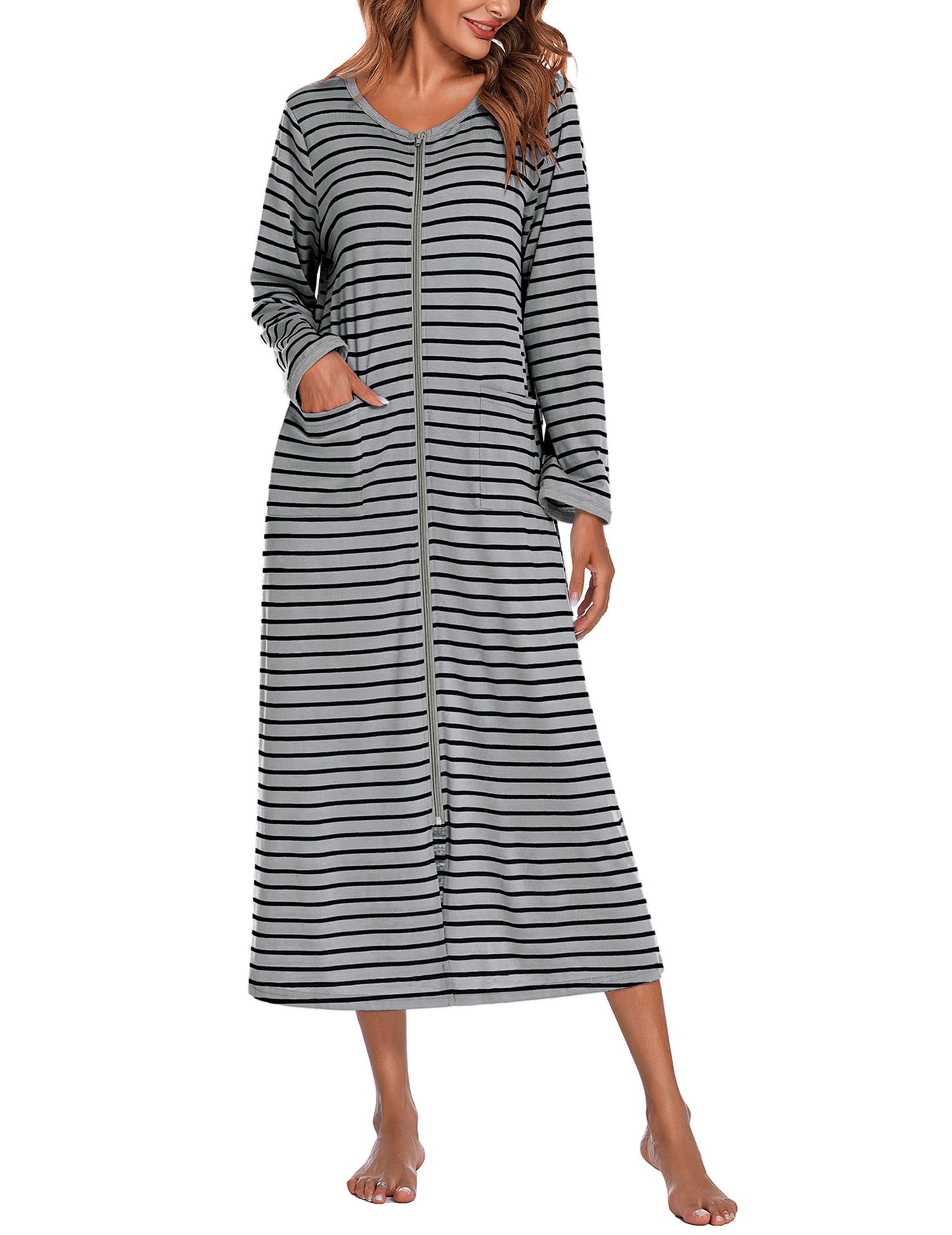 Photo 1 of Ekouaer Women Long House Coat Zipper Front Robes Full Length Nightgowns with Pockets Striped Loungewear