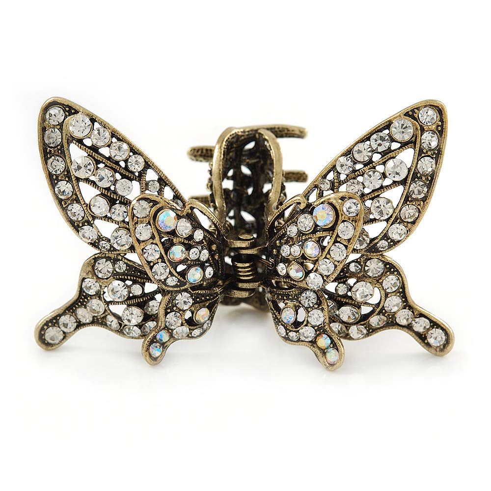 Vintage Inspired Clear Crystal Butterfly with Mobile Wings Hair Claw In Antique Gold Tone - 85mm Across