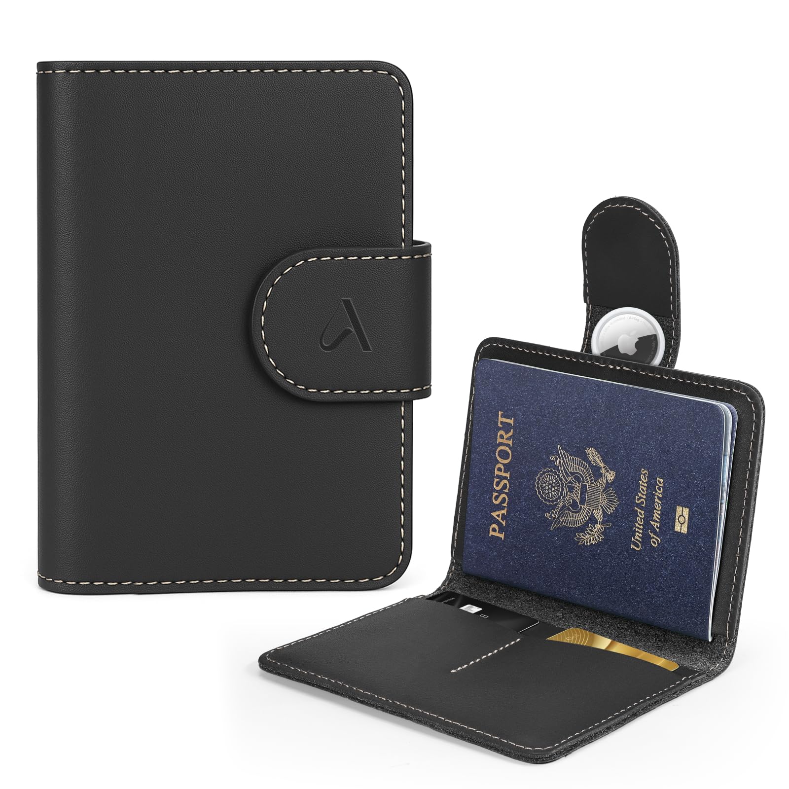 Photo 1 of ALLIVE Passport Holder for Travel, Genuine Leather Passport Holder with AirTag Hidden Pocket, Rfid Blocking Passport Cover Travel Wallet for Women Men, Airport Essentials Gift (Black)