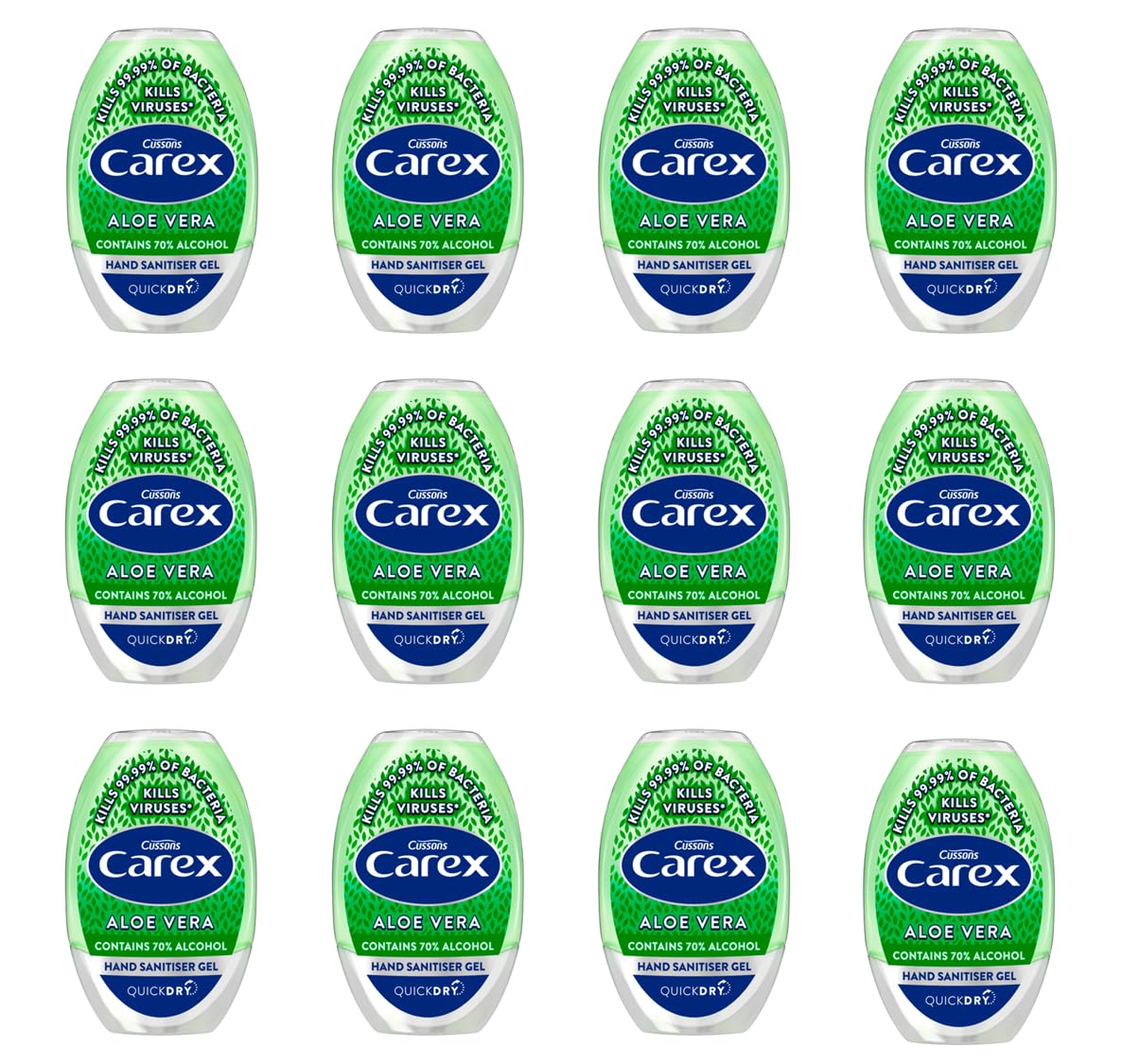 Carex Aloe Vera Antibacterial Hand Sanitiser Gel, Anti Viral Action, 70 Percent Alcohol, Cleans, Cares and Protects, Bulk Buy, Pack of 12 x 50 ml