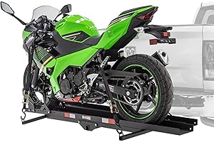 Black Widow Steel Motorcycle Carrier with Ramp for 2-Inch Receiver, 600 lb Capacity - Hitch-Mounted Dirt Bike and Scooter Hauler with Grit-Coated Track and Anti-Rattle Device for SUVs and Trucks