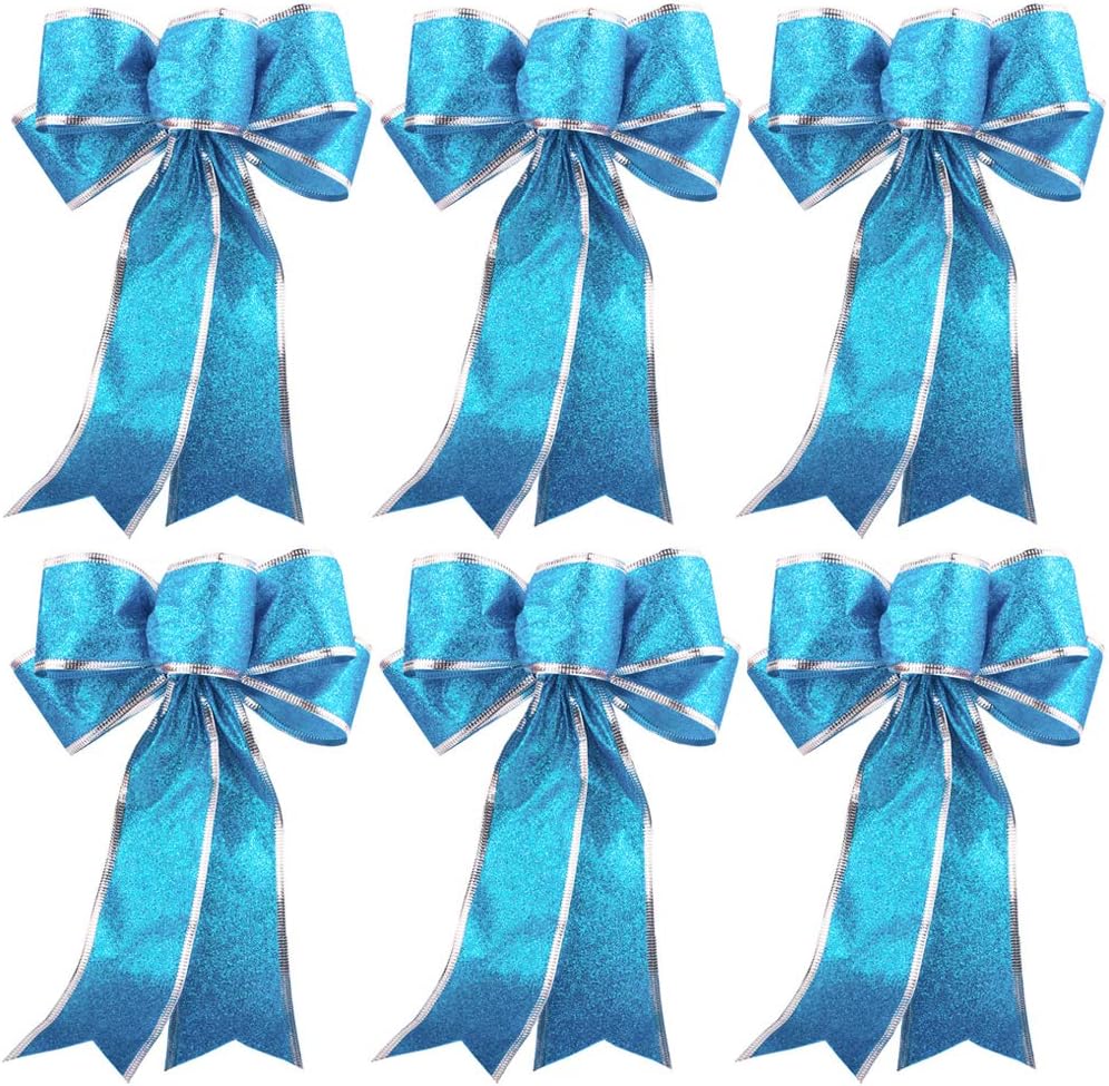 Beurio Blue Glitter Christmas Ribbon Bows Gifts Wreaths Wedding Party Decorations Hanging Ornaments, 6 pcs