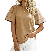 Tankaneo Womens Eyelet Short Sleeve Tops Trendy Casual Loose Fit Tunics Crewneck Summer T Shirts