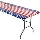 Fun Express Patriotic Rectangle Fitted Plastic Tablecloth 37x80 Inch | Red White and Blue Stars Stripes, Disposable, 4th of July Party Supplies, Memorial Day Decor