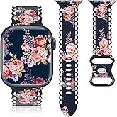Floral Band Compatible with Apple Watch Band 38mm 40mm 41mm 42mm 44mm 45mm 46mm 49mm Women, Cute Flower Print Pattern Soft Lace Silicone Strap for iWatch Band Series Ultra 10 9 8 7 SE 6 5 4 3 2 1
