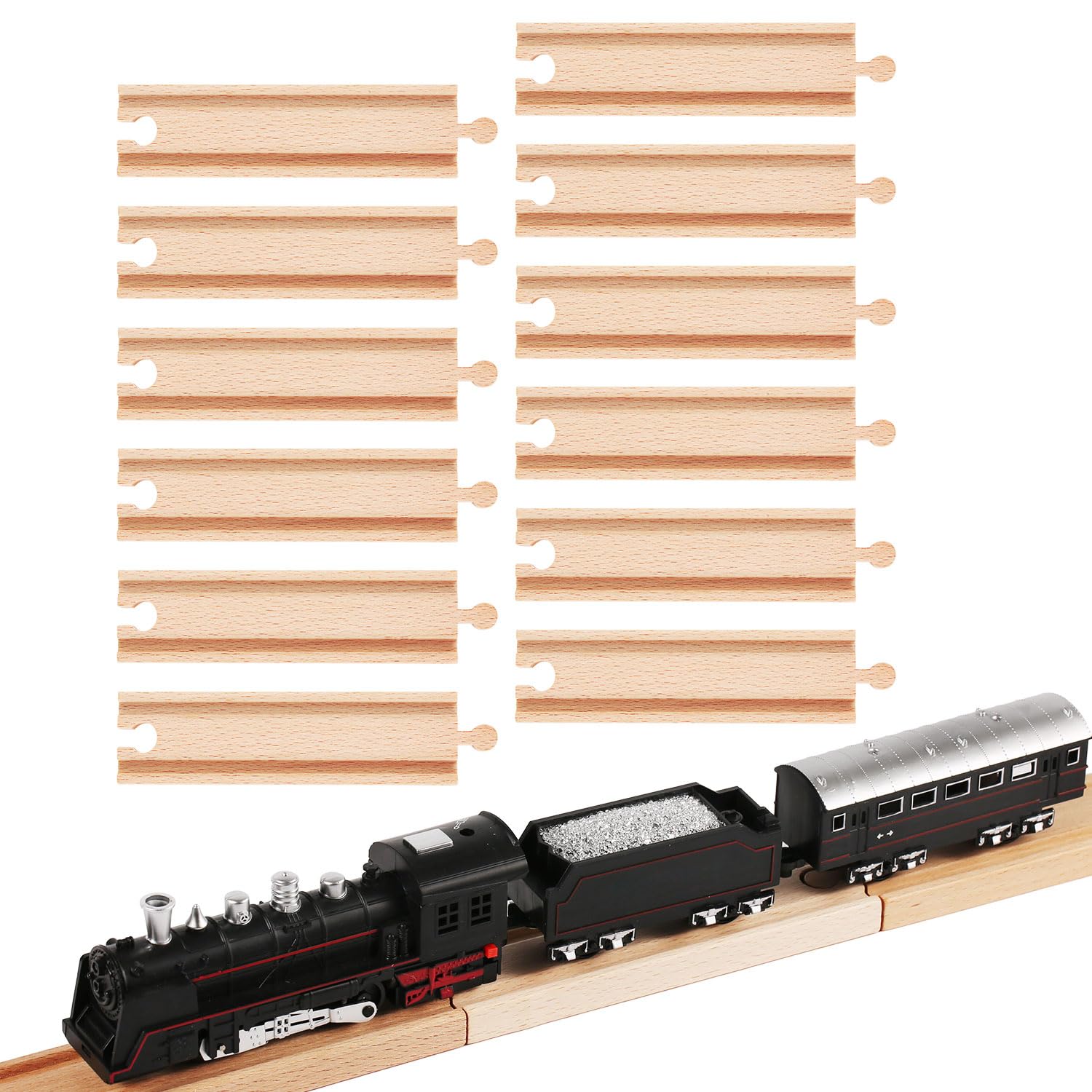 12PCS Wood Train Track Expansion Set, 6in Wood Train Track Connector Pieces Straight Kids Train Toy Track Accessories Compatible with Most Toy Train Brands