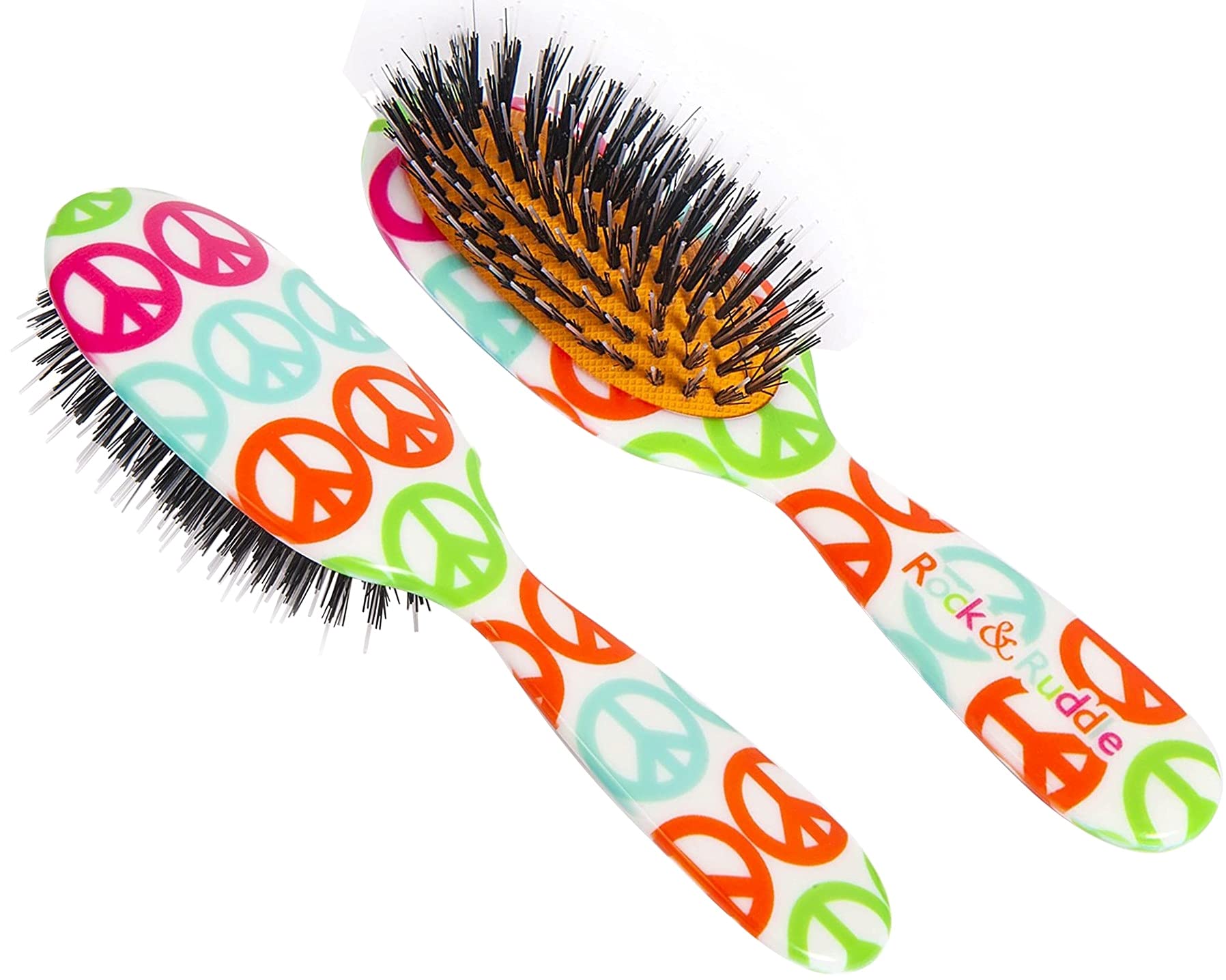 Rock & Ruddle Natural Mixed Bristle Hair Brush for Women, Kids (Small/Travel Size, 17.5cm) - Perfect for Wet or Dry Hair, Detangling Smoothing Blowdrying - Made in UK - Multicoloured Peace Sign