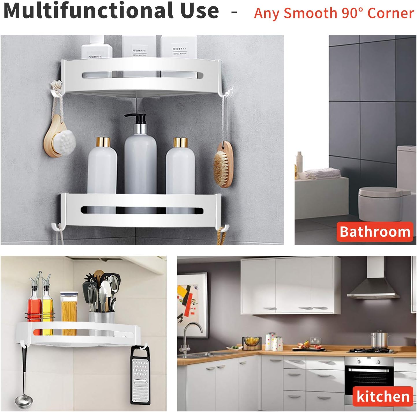 AK KYC Shower Corner Shelf Shower Caddy Wall Mounted Bathroom Shelves-Strong Adhesive (No Drilling) in 2 Pack with 4 Removable Hooks Rustproof Aluminum Basket Organizer Hanging Storage kitchen-White - - 
