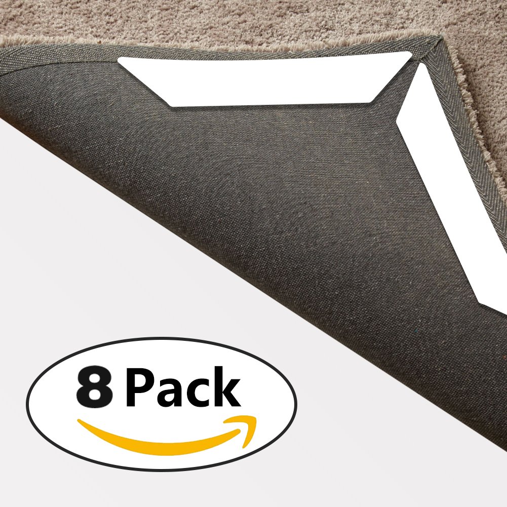 SUAYLLA 8 pcs White Anti Curling Rug Gripper. Anti Slip Straight Carpet Gripper for Corners and Edges - Renewable Rubber Tape for Carpets - Ideal Rug Stopper For Kitchen Bathroom