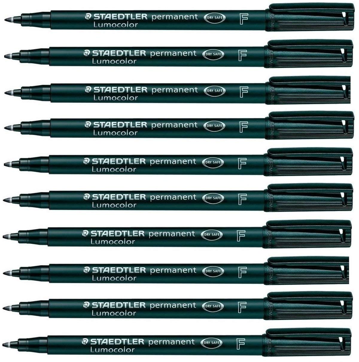 Staedtler Lumocolor Black Fine Permanent Marker Pens Pack of 10 Waterproof Smudge Resistant Quick Dry CD DVD OHP