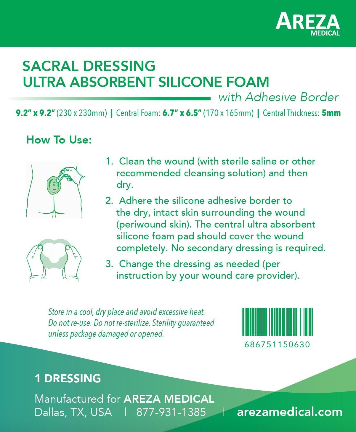 Sacral Superabsorbent Silicone Foam Dressing 9.2" X 9.2" Box of 5; Wound Dressing By Areza Medical: Health & Personal Care