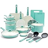 GreenLife Soft Grip 23 Piece Kitchen Cookware Pots and Frying Saucepans Set, Healthy Ceramic Nonstick PFAS and PFOA-Free, Dishwasher and Oven Safe, Even Heating, Easy Clean, Warp Control, Turquoise