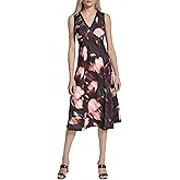 DKNY Women's Sleeveless V Chiffon Neck Trim Flounce Hem Midi Dress