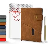 Promot PU Leather Notebook with Pen - A5 Lined Daily Journals for Writing Men Women, Executive Hardcover Notebook for Work, Travel Diary, Gift Idea, 200 Pages, Elastic Pocket, Bookmark, Strap, Brown