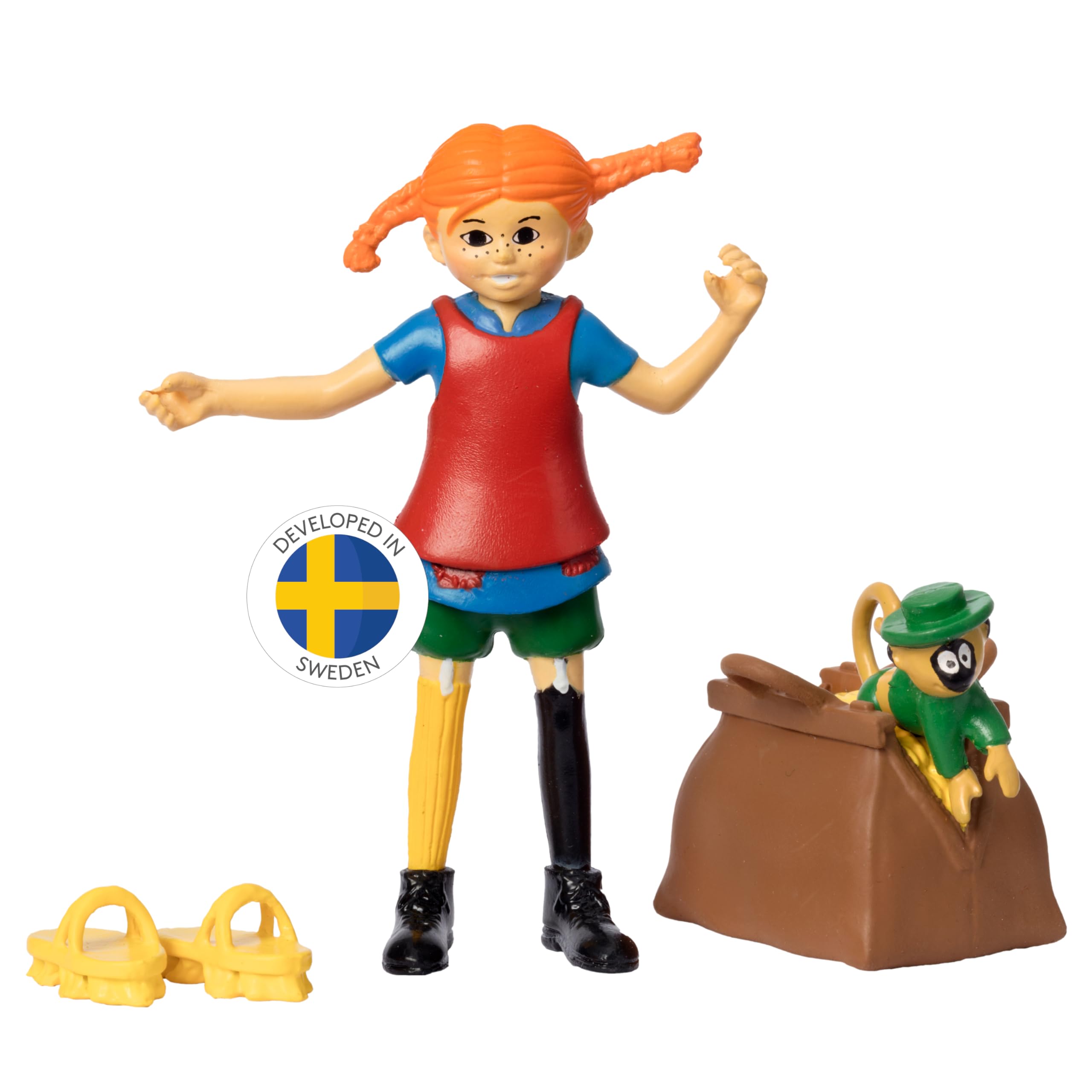 PIPPI LONGSTOCKING TOYS - Dolls House People Doll Set, Pippi and Mr. Nilsson Monkey Doll Action Figure, Money Suitcase, Scrub Brush Shoes, Toy People, Officially Licensed from Sweden, 80mm, Age 3+