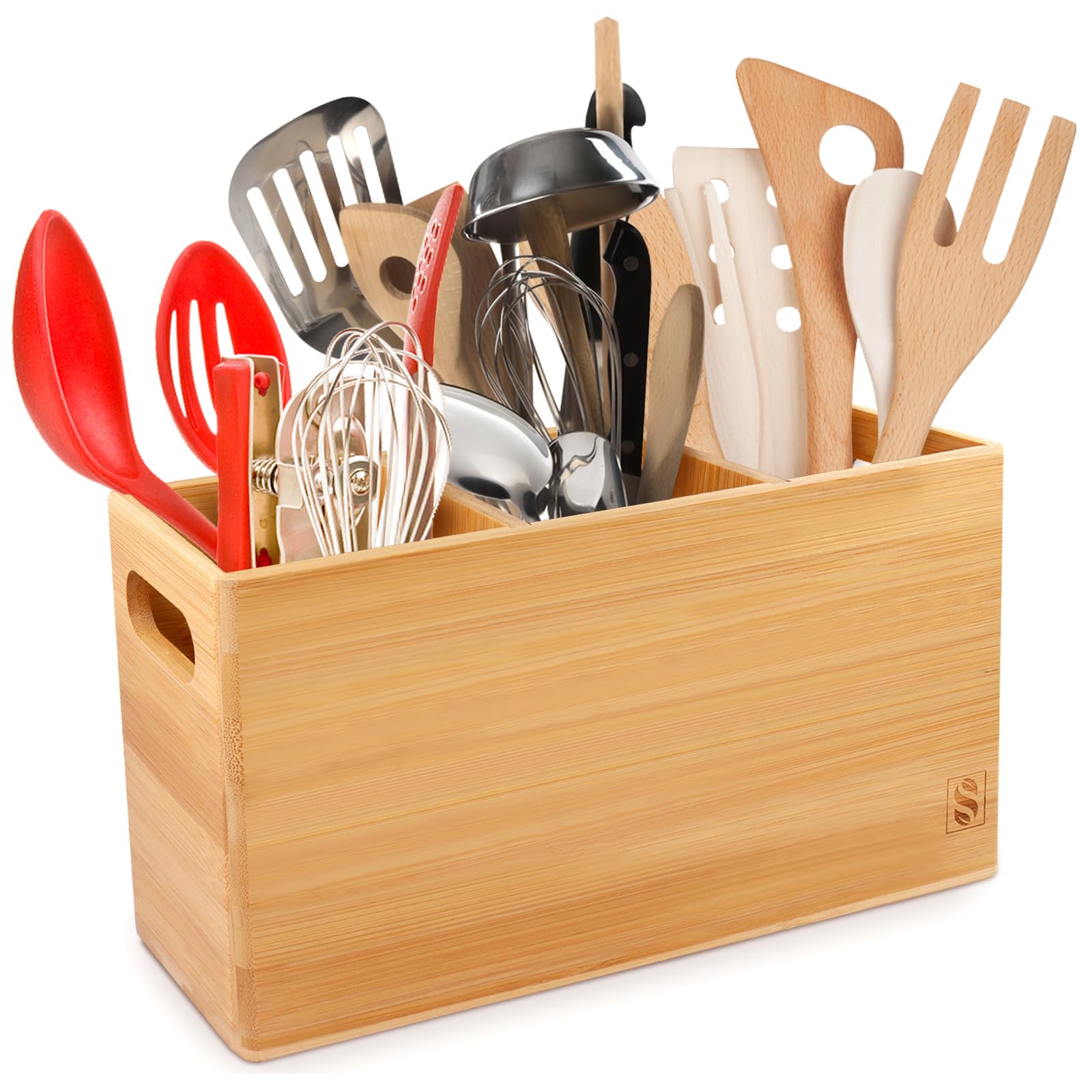SAUNNIHEN Large Kitchen Utensil Holder, Bamboo Cutlery Holder with 3 Storage Compartments, Removable Tray for Adjustable Space, and 2 Side Handles for Mobility