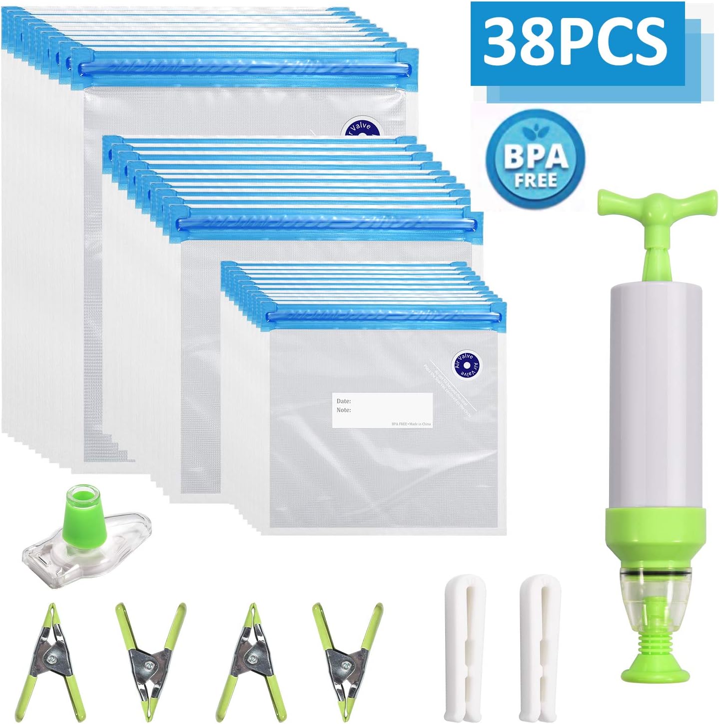 Sous Vide Bags Kit for Anova Joule Cookers, 30 Reusable BPA Free Food Vacuum Sealed Bags, 1 Hand Pump, 2 Sealing Clips, 4 Sous Vide Bag Clips,1 Wine for Sous Vide Cooking, Food Storage