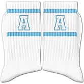 RZQIJ Light Blue and White Striped Crew Socks with the Letter, Classic Varsity Sports Style Monogram Socks