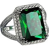 Vsoruln Emerald Halo 925 Sterling Silver Emerald Ring Cocktail Rings Square Cut Green Gem Cubic Zirconia Anniversary Promise Ring CZ Eternity Engagement Wedding Band Ring for Women (7)