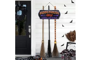 ORIENTAL CHERRY Halloween Decorations - Halloween Decor - Broom Parking Sign with 3 Wooden Witches Brooms - Hocus Pocus Cute Decoration Clearance for Front Porch Wall Home Office Indoor Outdoor