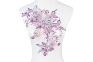 Silvora Colorful Flower Fabric Beaded Lace Applique,3D Embroidered Flower Fabric Patch for Bridal Dress, Handmade Sewing Tool for Wedding DIY Crafts(Purple-1)