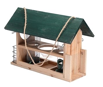 Outside Fun Charming Cedar Wood Deluxe Green Bird House Feeder