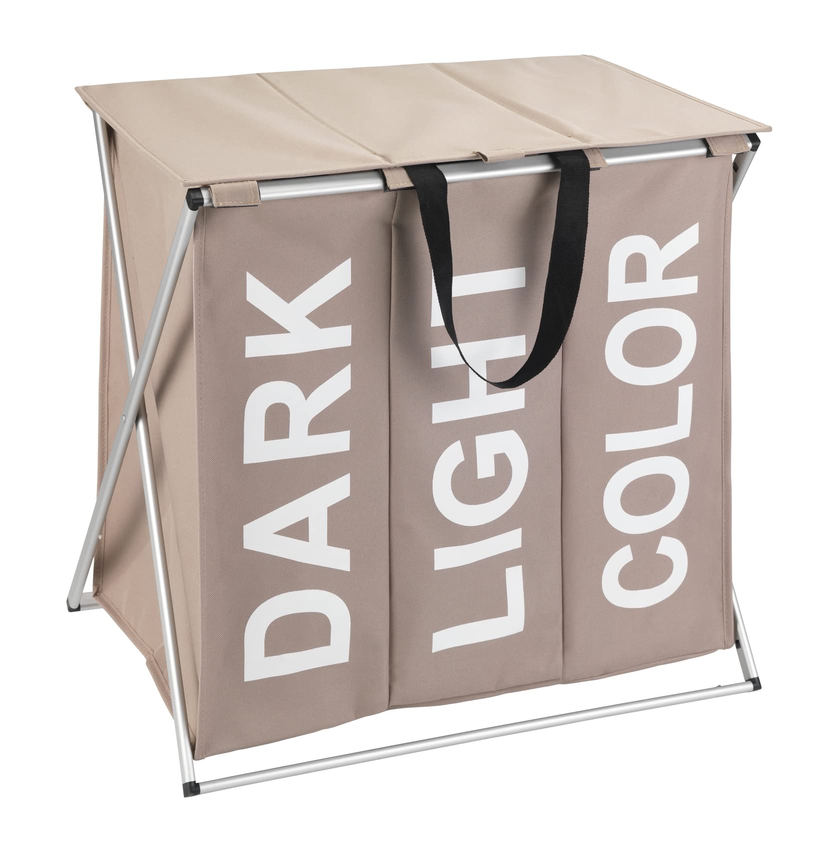 WENKO Trio Top Taupe Laundry Hamper with Lid and Handles Large Capacity 118 Litres Three Compartments Modern Words Dark, Light, Colour, Polyester, Groß