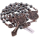 HanlinCC 6mm Hematite Black Stone Beads with Anti-Bronze Anti-Copper Saint Michael the Archangel Our Father Beads Catholic Rosary Necklace with St.Michael Medal and Pardon Crucifix with Black Velvet Gift Bag for Men and Women