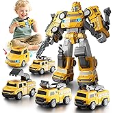 Aotonow 5 in 1 Magnetic Transform Cars Robot Toys Gift for Boy Ages 4-6, Easy DIY Assembly, STEM Magnetic Transform Engineering Trucks Toy, Birthday for Kids 3 4 5 6 7 Year Old(Yellow)