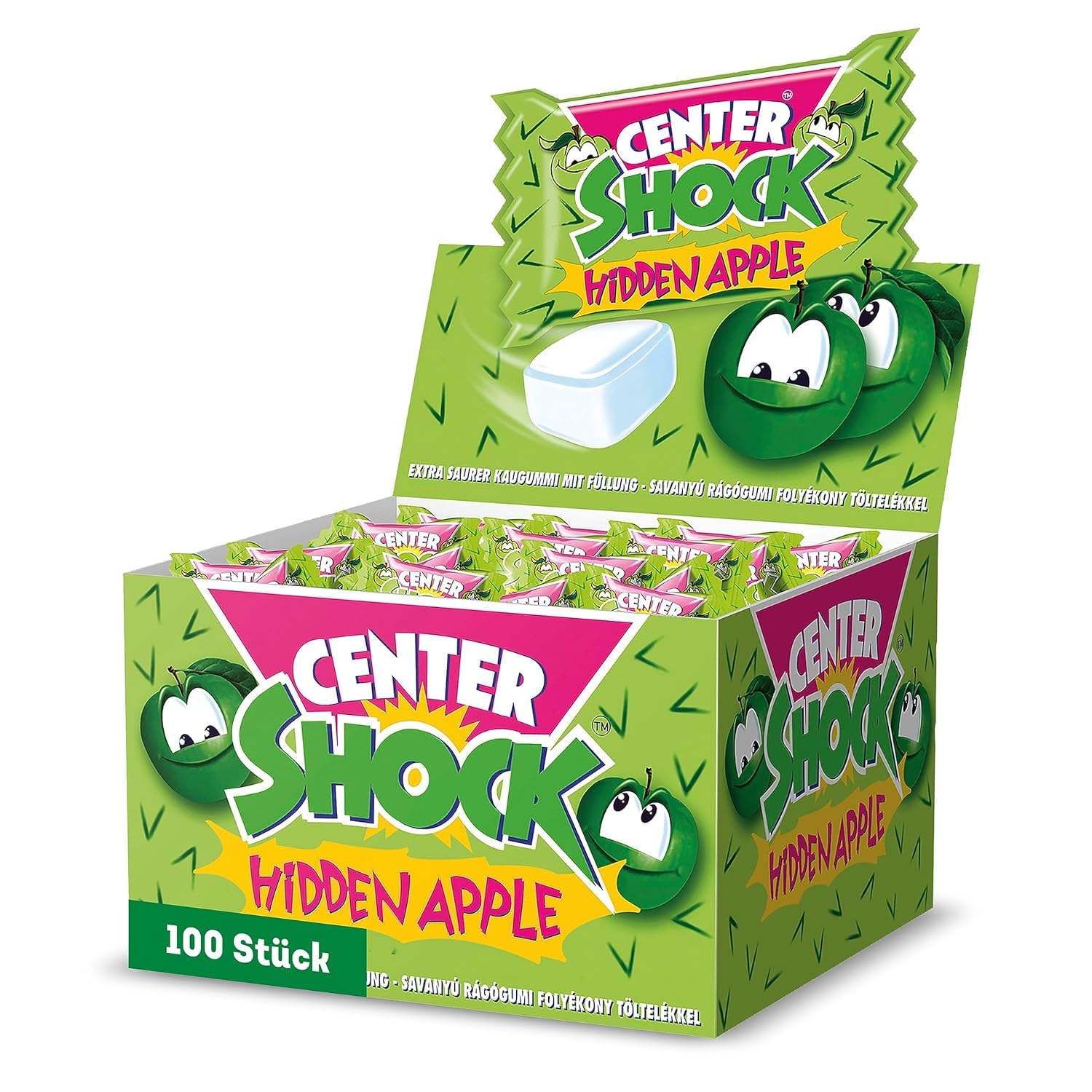 Center Shock Hidden Apple, Box mit 100 Kaugummis, extra-sauer mit Apfel-Geschmack, geeignet für Geburtstag, Pinata, Partys, Candy-Bar, Weihnachten und Halloween, 400g