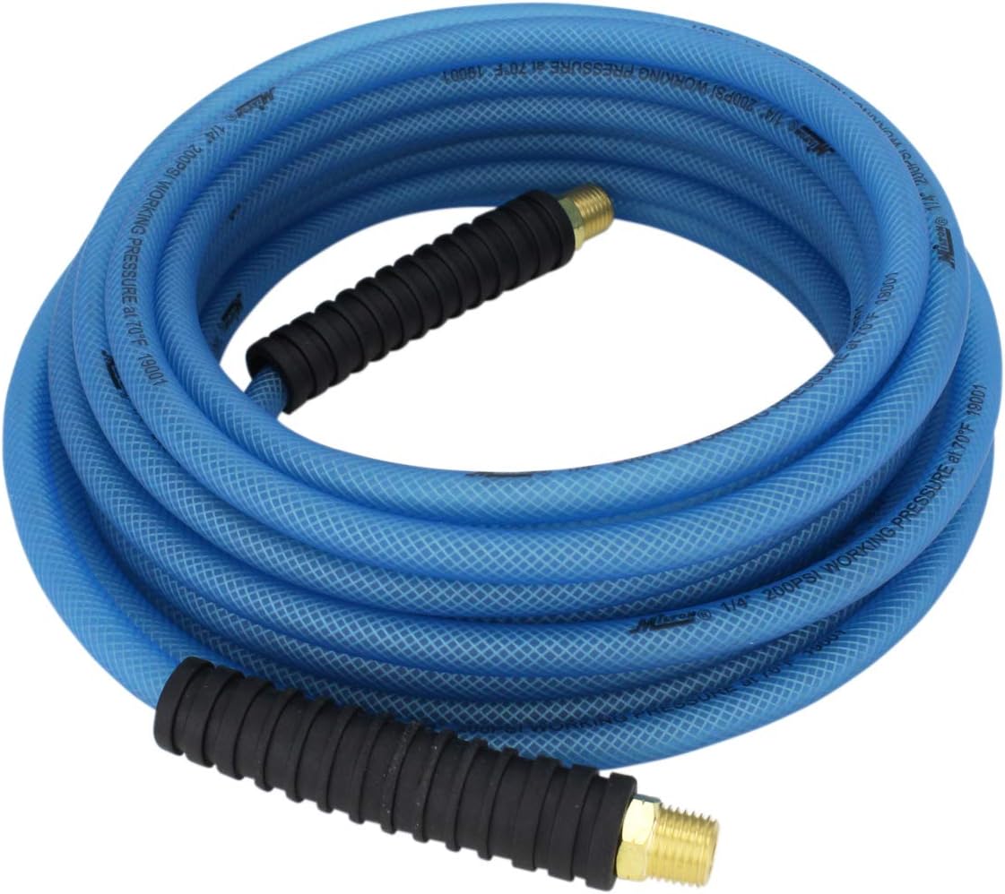 Milton (1623-3) FLEX HOSE Reinforced Polyurethane Air Hose 100 ft. x 1/4” ID, 200 PSI, Lightweight Hybrid Air Compressor Hose w/ ¼” MNPT brass fitting, Cold Weather Flexible, Bend Restrictor – Blue: Automotive