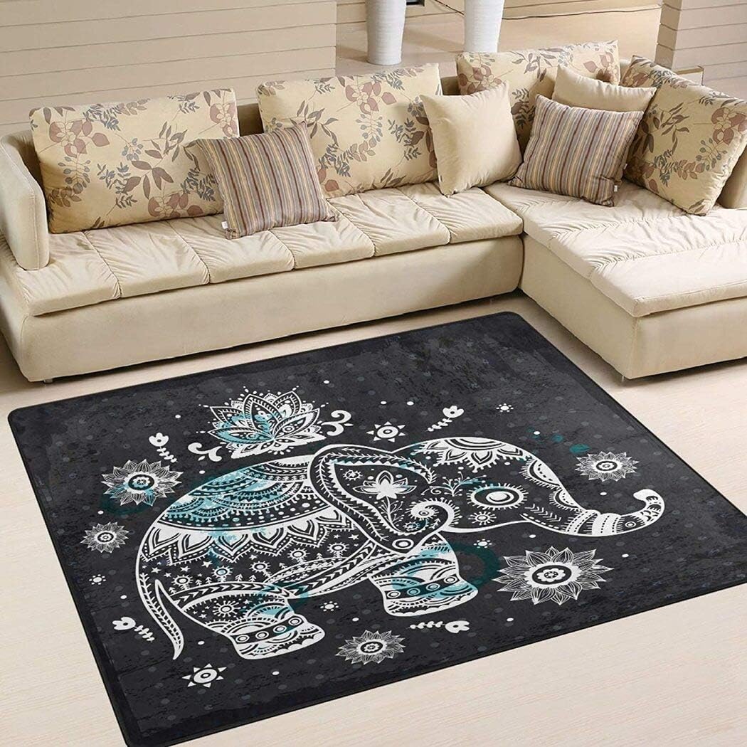Vintage Boho Elephant Area Rug Animals Sunflower Non Slip Runner Rug for Kids Girls