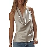Women Sexy Halter Cowl Neck Silky Satin Tank Top Fairycore Backless Draped Front Tie Back Camisole Dressy Going Out Top