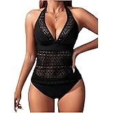 SHENHE Women's 2 Piece Hollow Out Halter Tankini Swimsuit Deep V Neck Mesh Bathing Suit