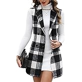 ELLEVEN Women's Tweed Plaid Long Vest, Lapel Slim Fit Sleeveless Flannel Blazer Jacket with Pockets