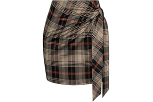Kate Kasin Women's Plaid Skirt Elastic High Waist Bow Tie Stretch Bodycon Pencil Mini Skirts