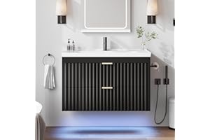 4ever2buy 24 Inch Bathroom Vanity with Sink, Floating Bathroom Vanity with LED, Wave Line Design, 2 Soft-Close Drawers, Wall Mounted Cabinet for Small Spaces, Black
