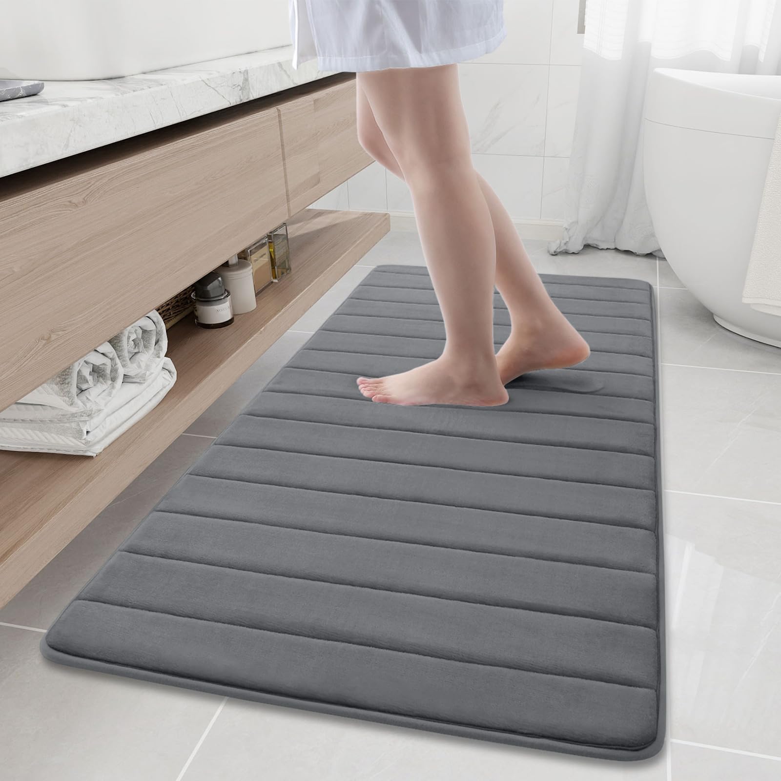 Photo 1 of Buganda Memory Foam Bath Mat, 60" x 24", Ultra Soft and Non-Slip Bathroom Rugs, Water Absorbent and Machine Washable Bath Rug Runner for Bathroom, Shower, and Tub, Grey