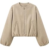 COMBEME Womens Cropped Bomber Jacket Fall Casual Zip Up Varsity Jackets Trendy Outerwear Coats with Welt Pockets