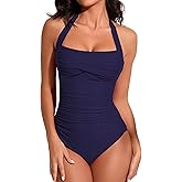 Smismivo Tummy Control Swimwear Halter One Piece Slimming Vintage Retro Swimsuit Womens Ruched Push Up Bathing Suit