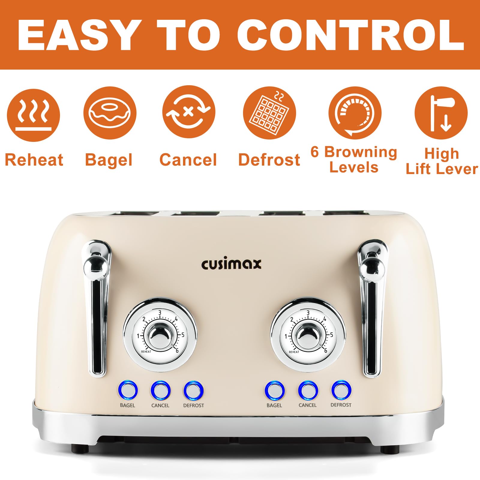 CUSIMAX Tostadora 4 Rebanadas, Tostadora Retro con Ranuras Anchas para Bagels, Tostadora de Acero Inoxidable con 6 Configuraciones de Tostado, Bagel, Cancelar, Descongelar y Recalentar Funciones, Paneles de Control Independientes Dobles, Crema