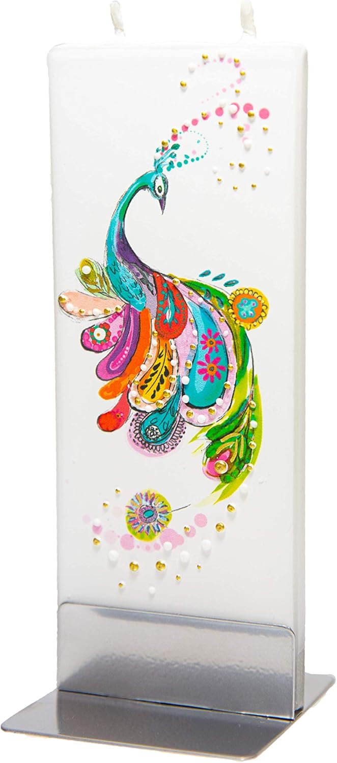 Flatyz Hand Painted Flat Candle| Unscented, Dripless, Smokeless, Decorative | Peacock | Double Wick with Metal Base | Unique Gift Idea and Home Décor Accent: Home & Kitchen