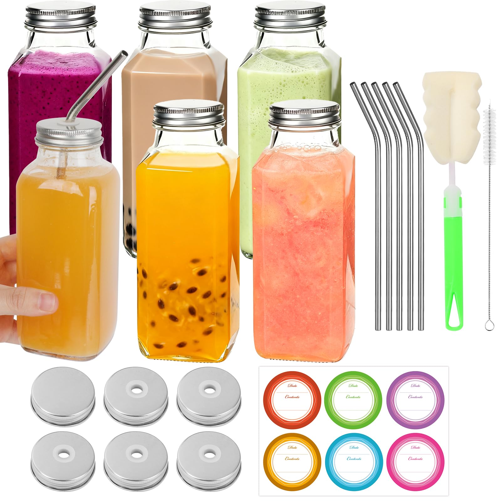 Photo 1 of 12 oz Glass Juice Bottles with Lids 6 Pack | Reusable & Leakproof Juicing Jars with Airtight & Sipping Lids, Straws & Brushes for Travel, Office, Home, Gym