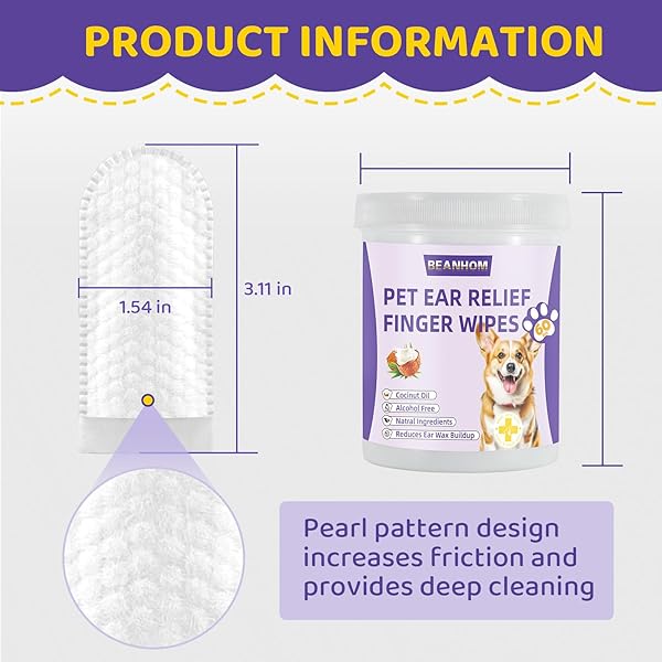 DOG EAR WIPES FINGER – EAR FINGER WIPES FOR DOGS & CATS – PET EAR CLEANING FINGER WIPES – SOOTHS & DEODORIZES, PREVENT EAR ITCH & INFLAMMATION – FRESH COCONUT SCENT, ALL NATURAL INGREDIENTS – 60 COUNT