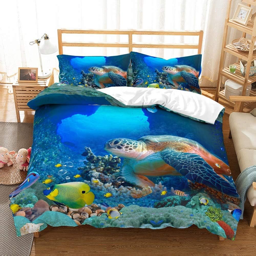 Housse De Couette 140x200cm Tortue De Mer Bleu - Microfibre, Avec 2 Taies 50x75cm, Pour Enfant/ado