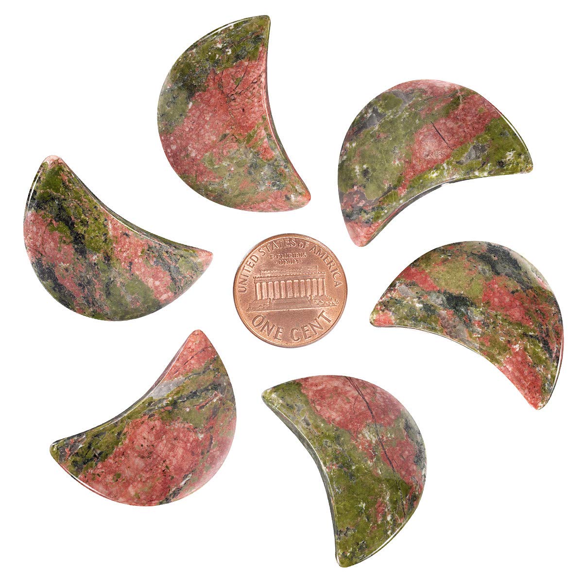 mookaitedecor Set of 5 Unakite Moon Healing Crystal Pendants for Jewellery Making, Semi Precious Moon Shaped Palm Worry Stones for Anxiety Stress Relief Tumbled Pocket Stone Desk Decor